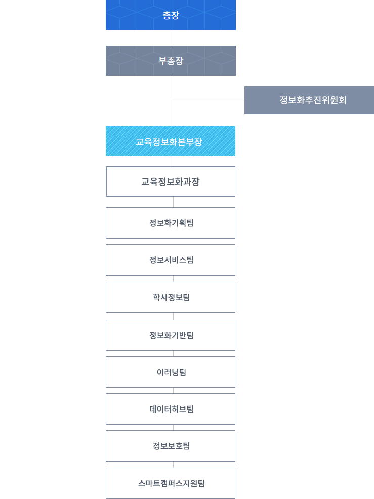 총장 밑에 부총장 밑에 정보화추진위원회,교육정보화본부장 밑에 교육정보화과장 밑에 정보화기획팀, 정보화서비스팀, 학사정보팀,정보화기반팀,이러닝팀,테이터허브팀,정보보호팀,스마트캠퍼스지원팀
