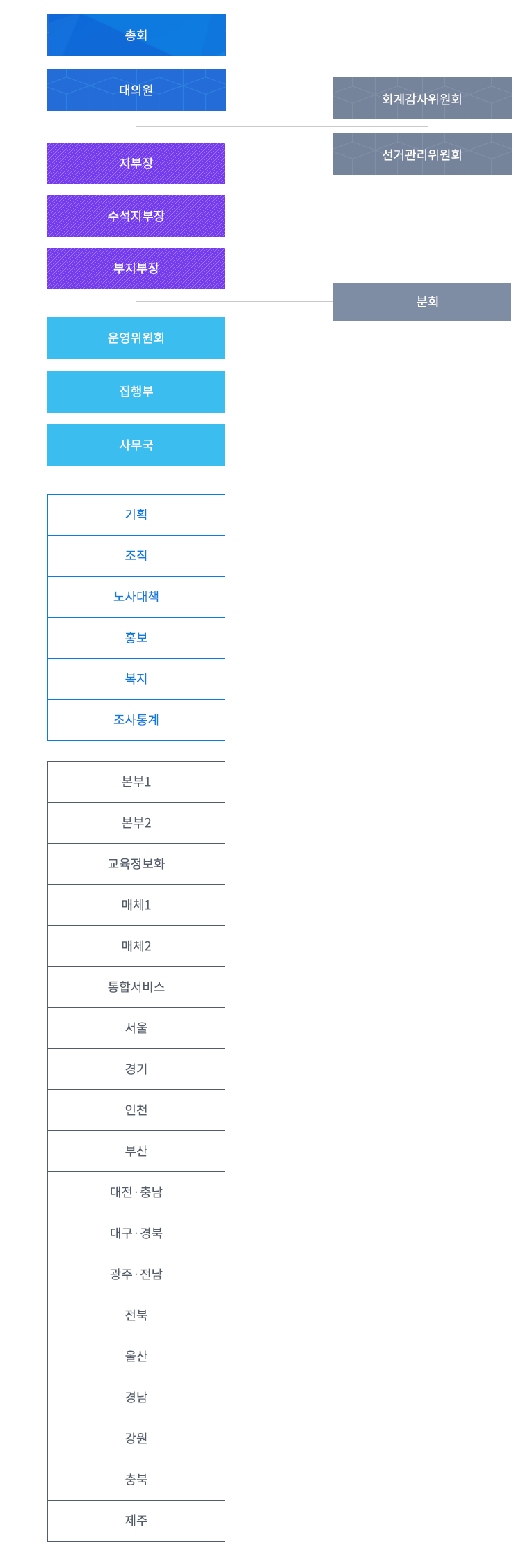 총회 밑에 대의원 밑에 회계감사위원회,선거관리위원회 밑에(지부장/수부지부장/부지부장) 밑에 운영위원회밑에 분회 밑에 집행부 밑에 사무국 밑에 (기회/조직/노사대책/홍보/복지/조사통계) 밑에  본부1/본부2/교육정보화/매체1/매체2/통합서비스/서울/경기/인천/부산/대전·충남/대구·경북/광주·전남/울산/경남/강원/충북/제주